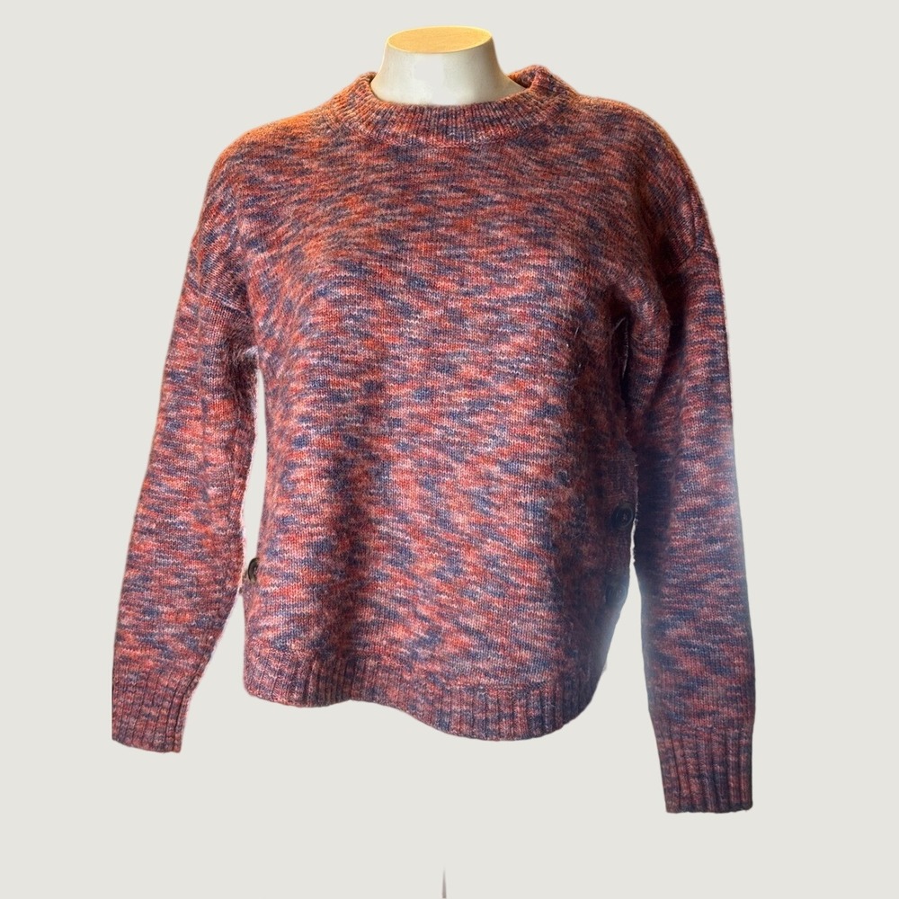 Madewell XS Marled Wool Blend Sweater Rust Blue Side Button Indie Grandpa